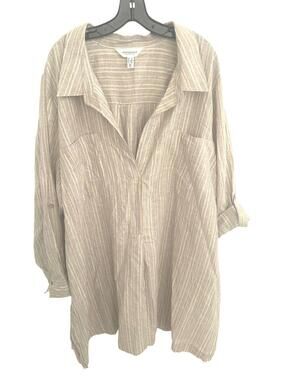 Addition Elle Beige Striped White & Gold Metallic Linen Blend Tunic Blouse - 4X